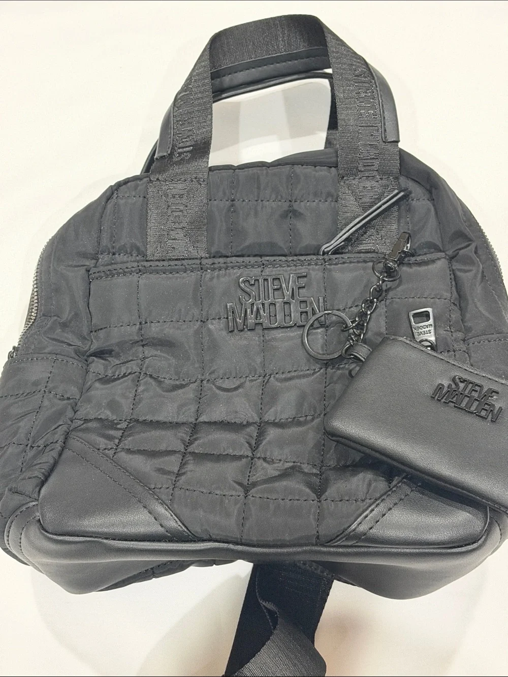 Steve Madden Black Quilted Nylon Mini Backpack with Coin Pouch